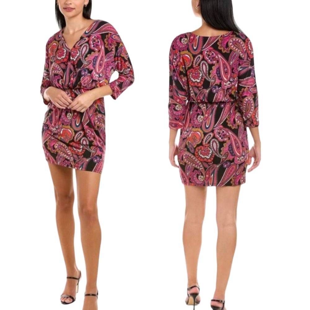 Trina Turk Pink Paisley Surplice Wrap Dress Small NWT Retro Birch Jersey Mini - Picture 2 of 15